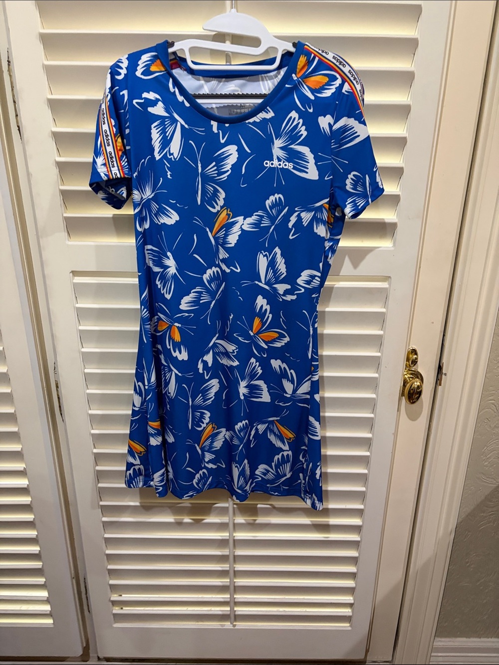adidas Blue Floral Short-Sleeve Tee Dress with Orange Accents.Small